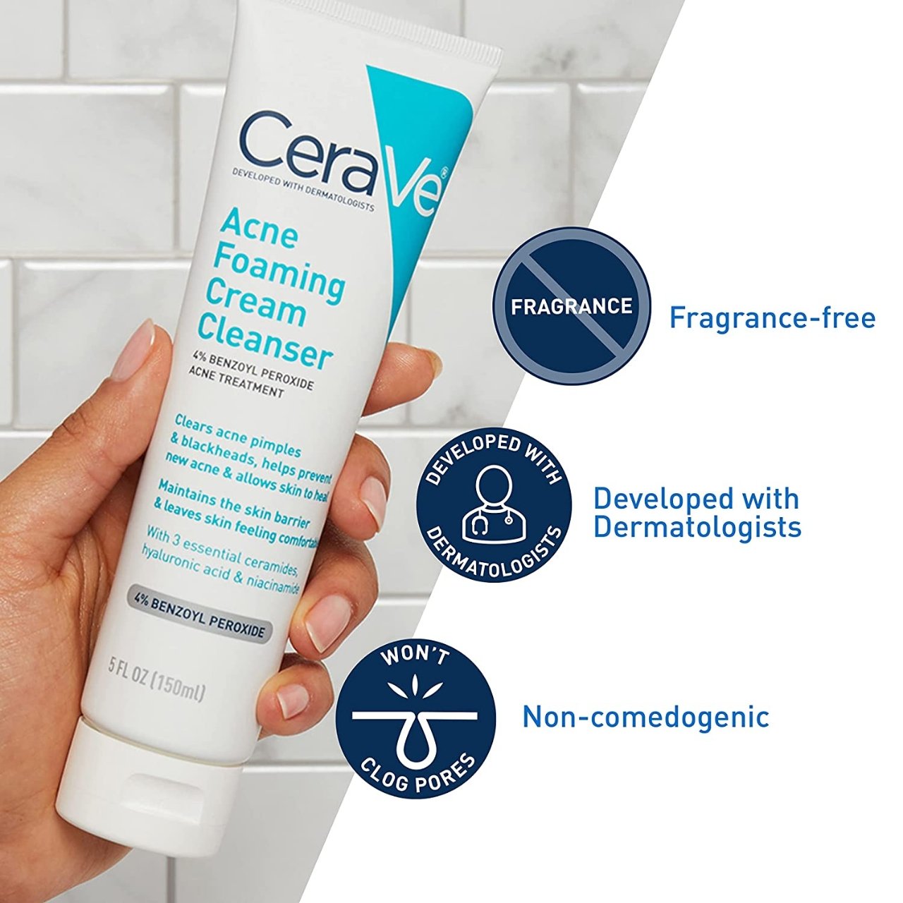 CeraVe Acne Foaming Cream Cleanser with 4% Benzoyl Peroxide – 150ml