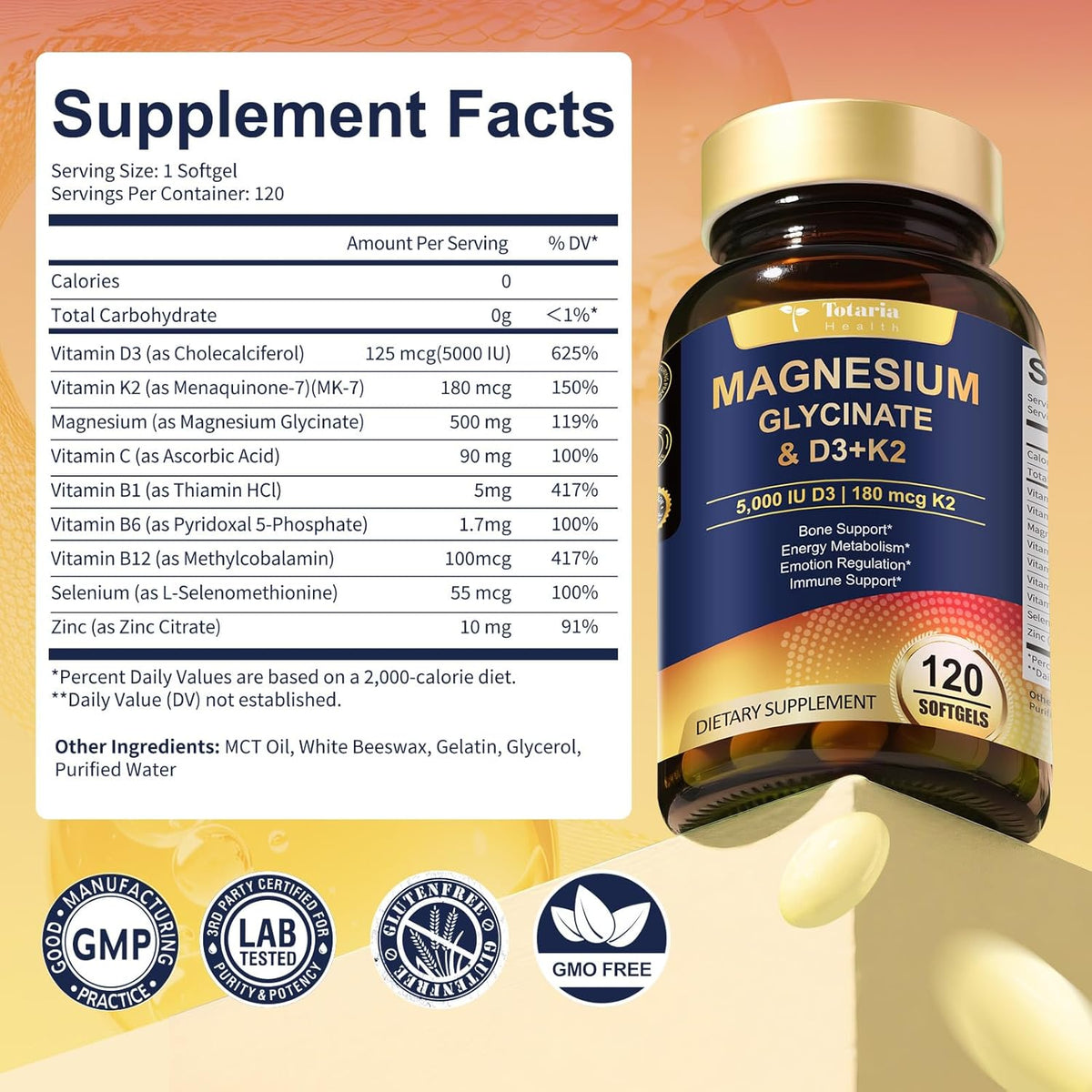Totaria Health Magnesium Glycinate & D3+K2 120 softgels