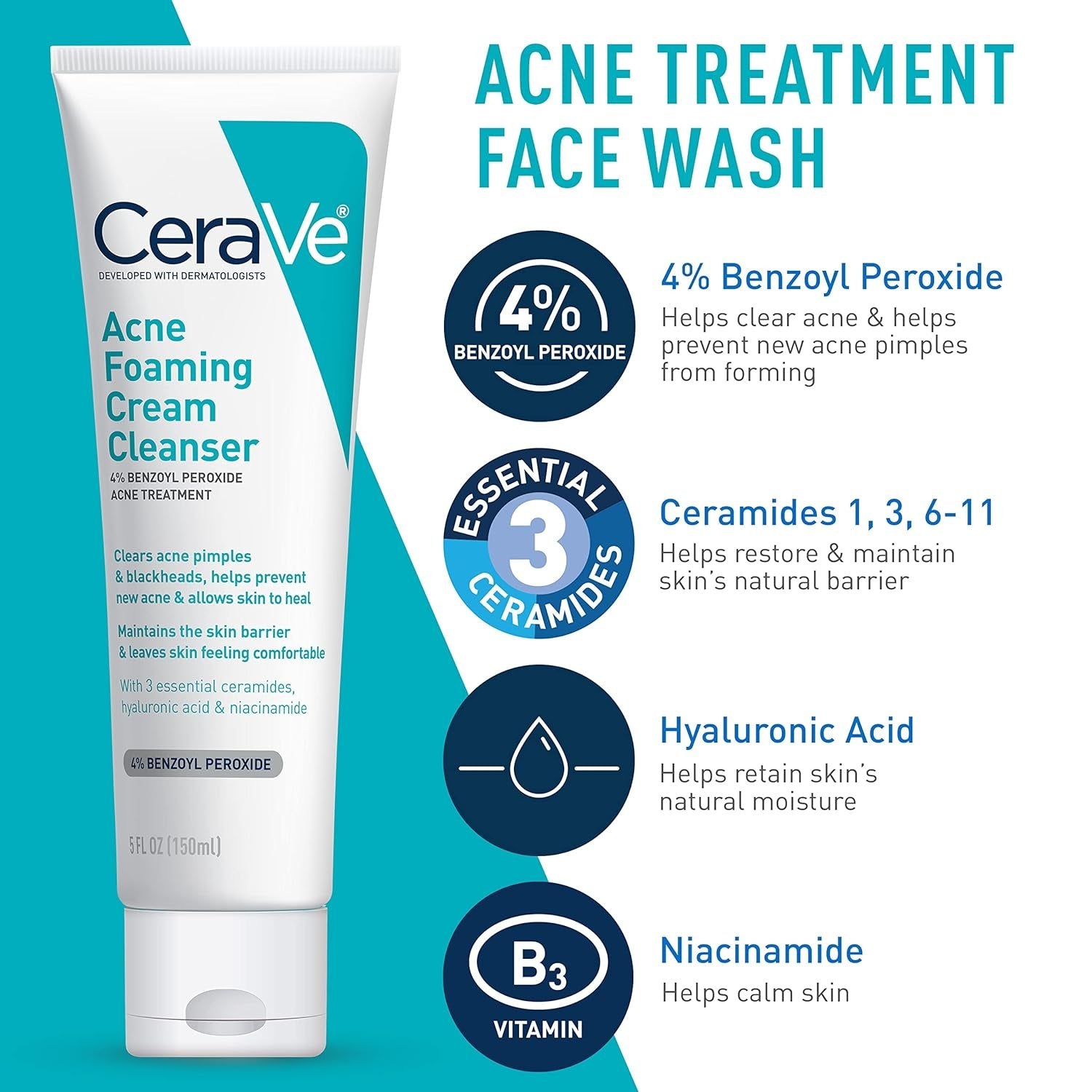 CeraVe Acne Foaming Cream Cleanser with 4% Benzoyl Peroxide – 150ml