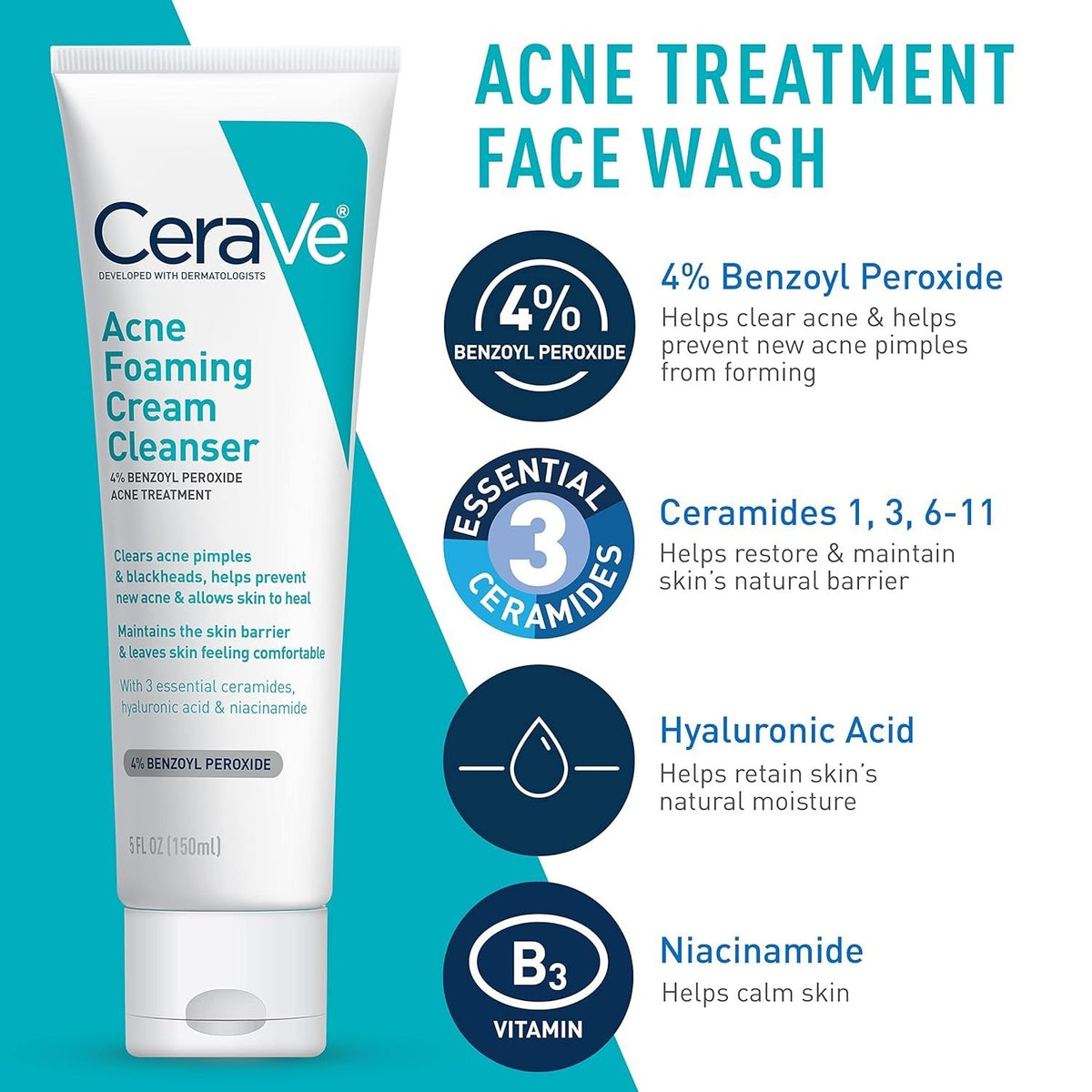 CeraVe Acne Foaming Cream Cleanser with 4% Benzoyl Peroxide – 150ml